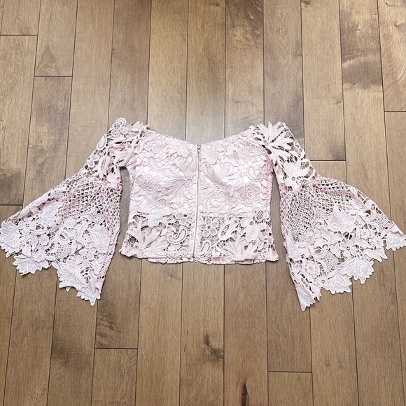 Soieblu lace floral cropped top bustier LARGE pink blush wide sleeves zip up - Picture 3 of 10